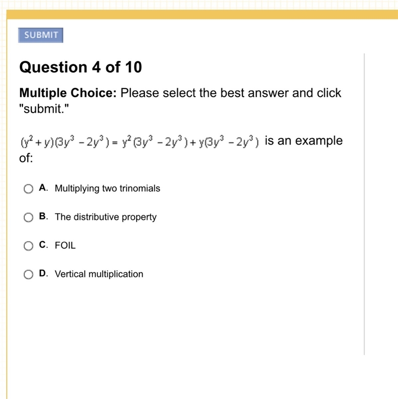 (Y^2+y)(3y^2-2y^3)=y^2(3y^3-2y^3)+y(3y^3-2y^3) is an example of ?-example-1