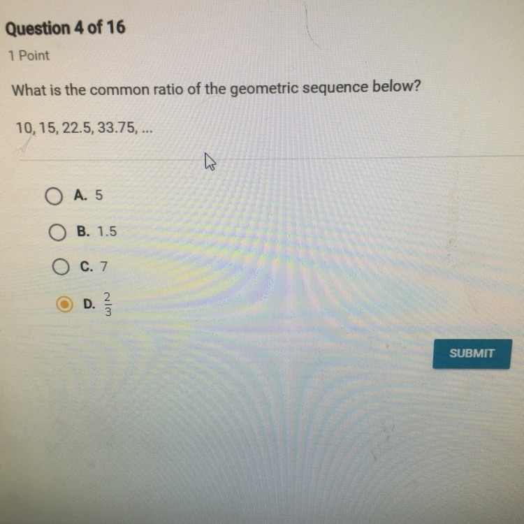 What is the common ratio of the geometric sequence below? 10, 15, 22.5, 33.75,...-example-1