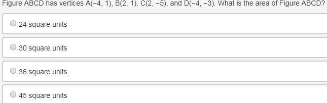 Figure ABCD has vertices A(−4, 1), B(2, 1), C(2, −5), and D(−4, −3). What is the area-example-1