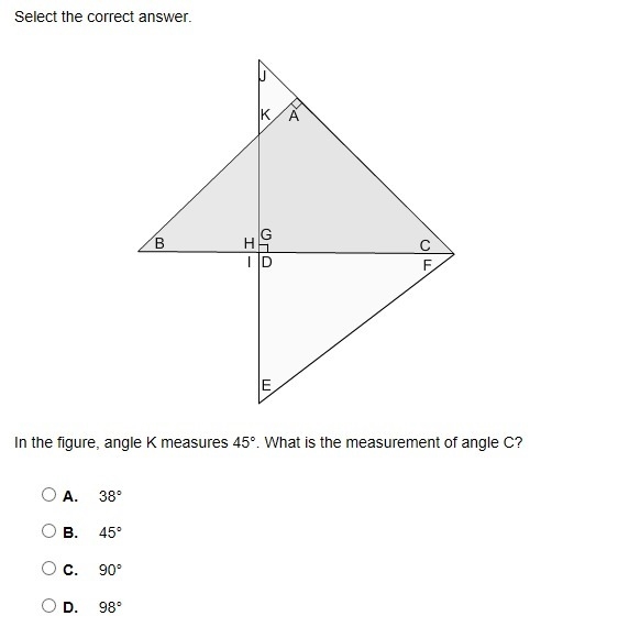 In the figure, angle K measures 45 degrees. What is the measurement of angle C?-example-1