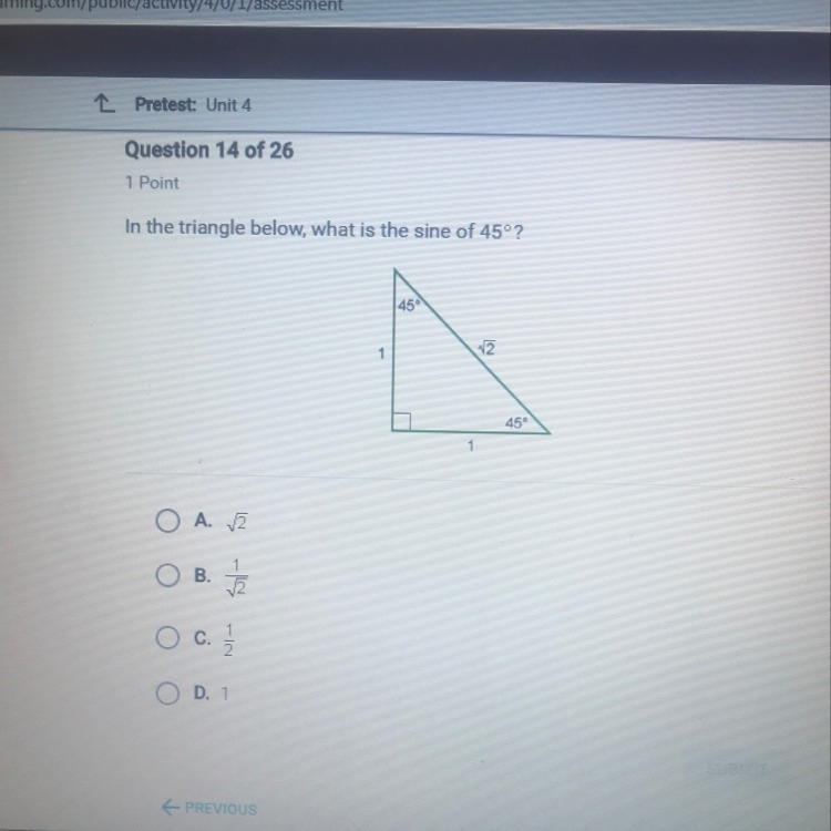 In the triangle below what is the sine of 45°-example-1