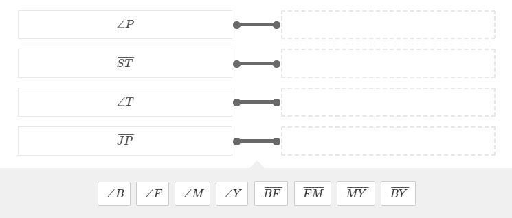 Parallelogram JSTP∼parallelogram BFMY Drag the answers into the boxes to match each-example-1