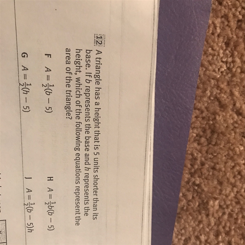 A triangle has a height that is five units shorter than its base if b represents the-example-1