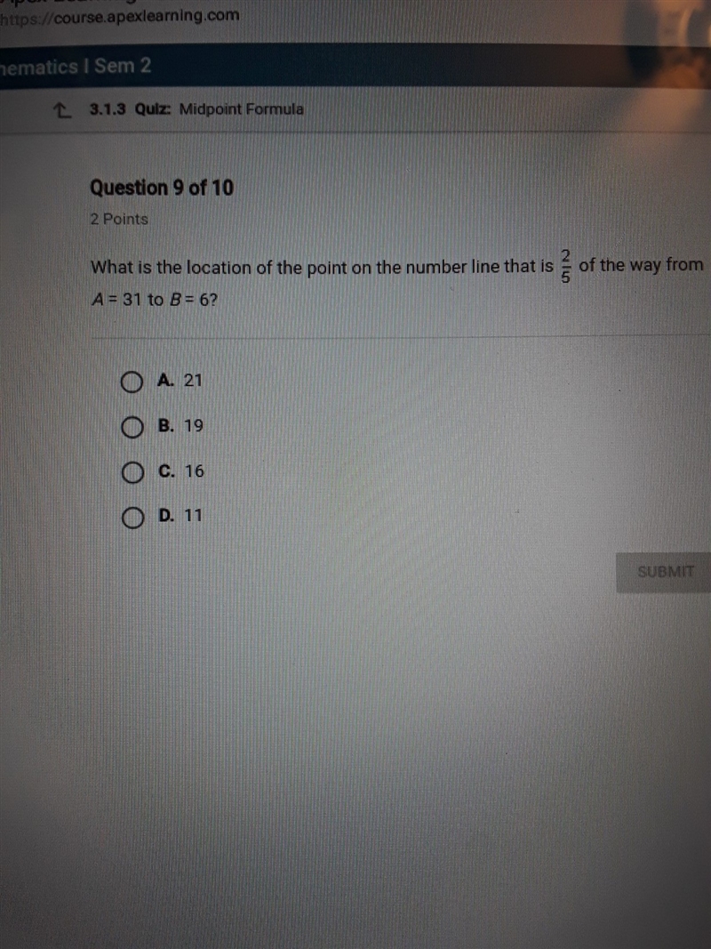 what is the location of the point on the number line that is 2/5 of the way from A-example-1