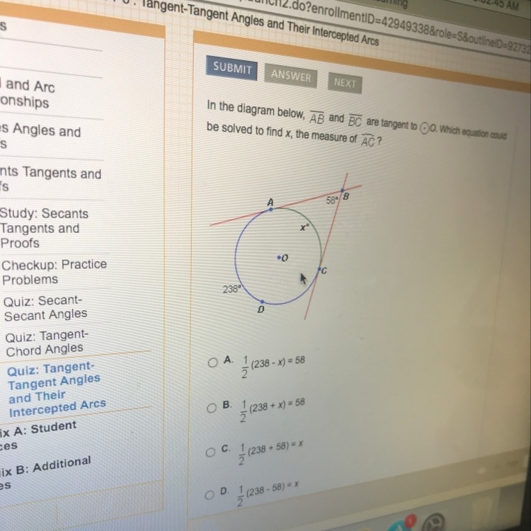 in the diagram below, an and bc are tangent to o. which equation could be solved to-example-1