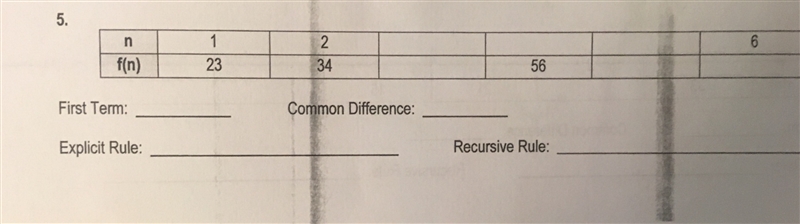 Complete the table and pattern. Determine the common difference. Write the explicit-example-1