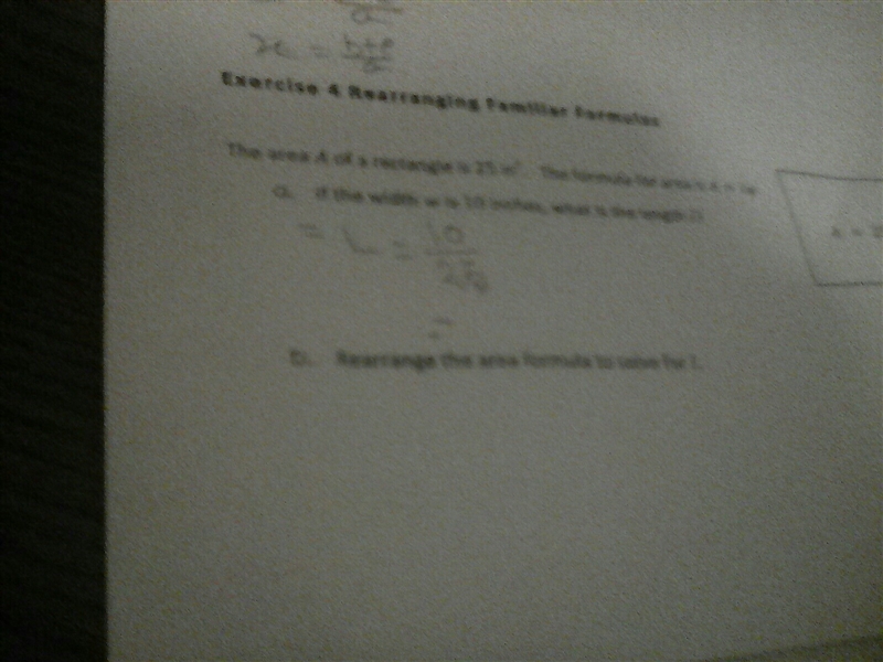 rearranging familiar formulas the area A of rectangle is 25 in in formula for area-example-1