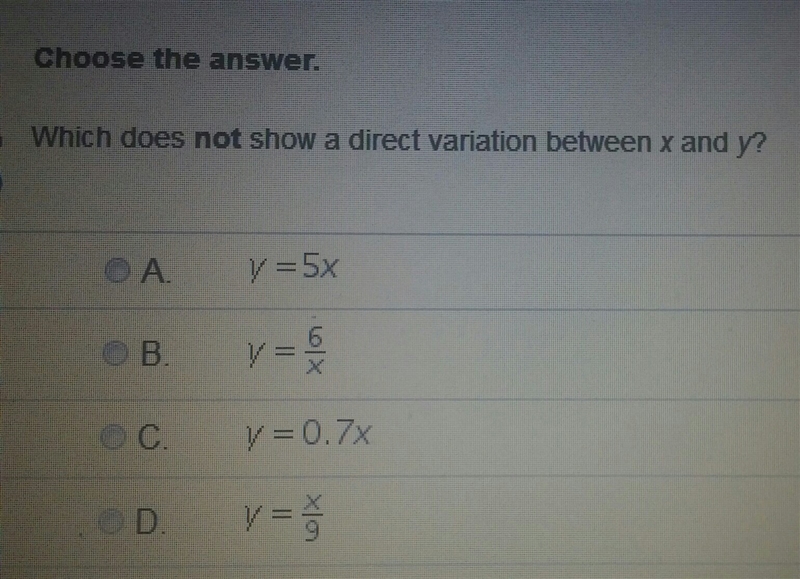 Which does not show a direct variation between x and y? PLZZZ HELP ASAP?-example-1