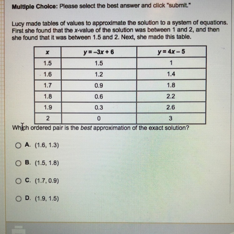 Which ordered pair is the best approximation of the exact solution?-example-1