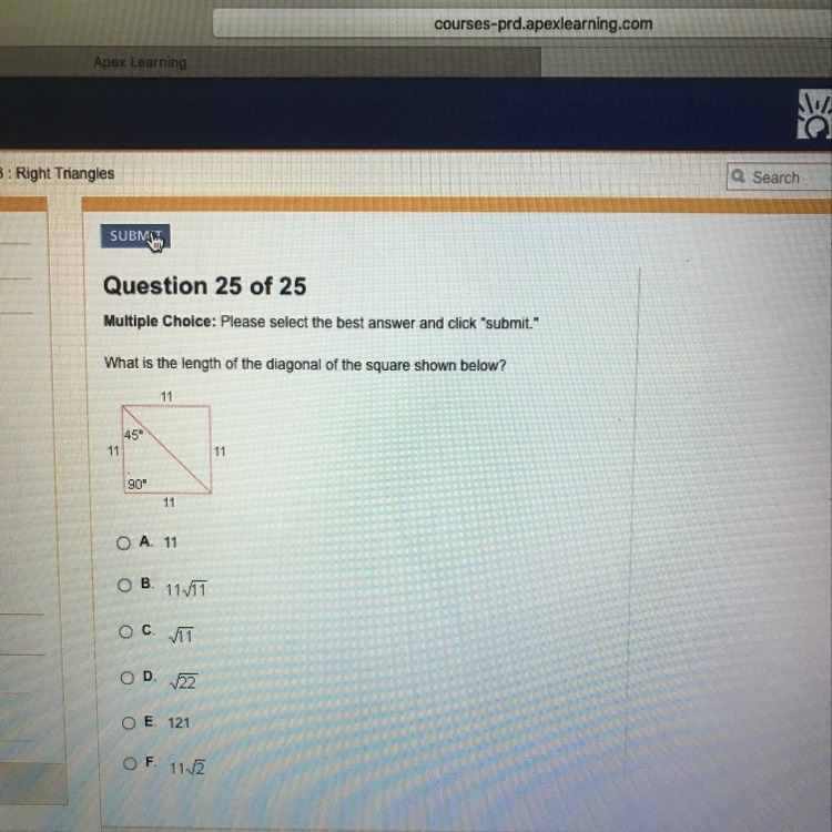 PLEASE HELP!!! What is the length of the diagonal of the square??-example-1