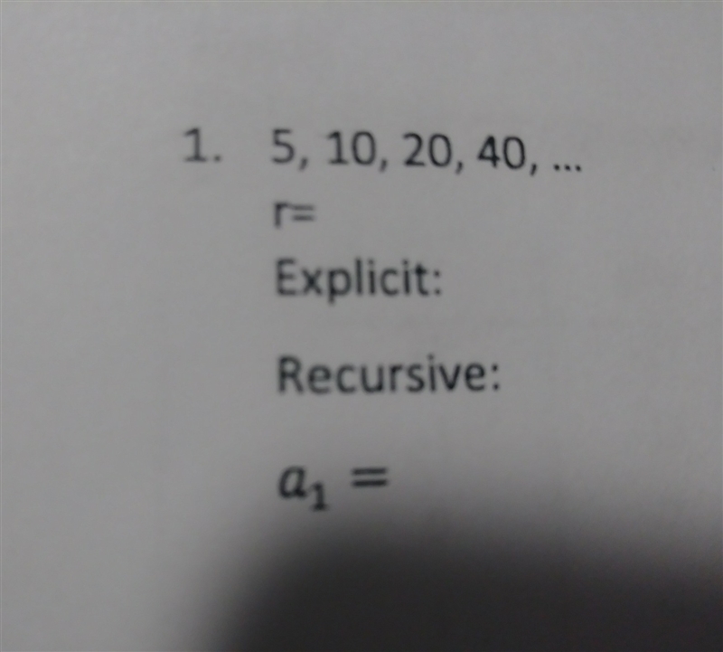 5, 10, 20, 40, ... What is the common ratio, recursive formula, and explicit formula-example-1