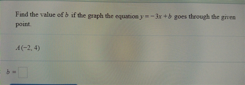 Find the value of b if the graph of the equation y=-3x+b goes rhrough the given point-example-1