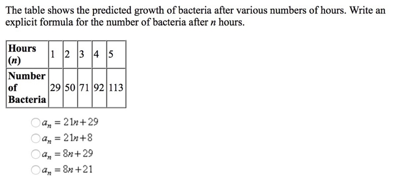 The table shows the predicted growth of bacteria after various numbers of hours. Write-example-1