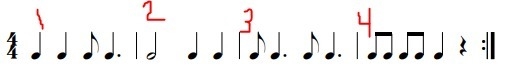 Which measures have the dotted quarter note and single eighth note so that they sound-example-1