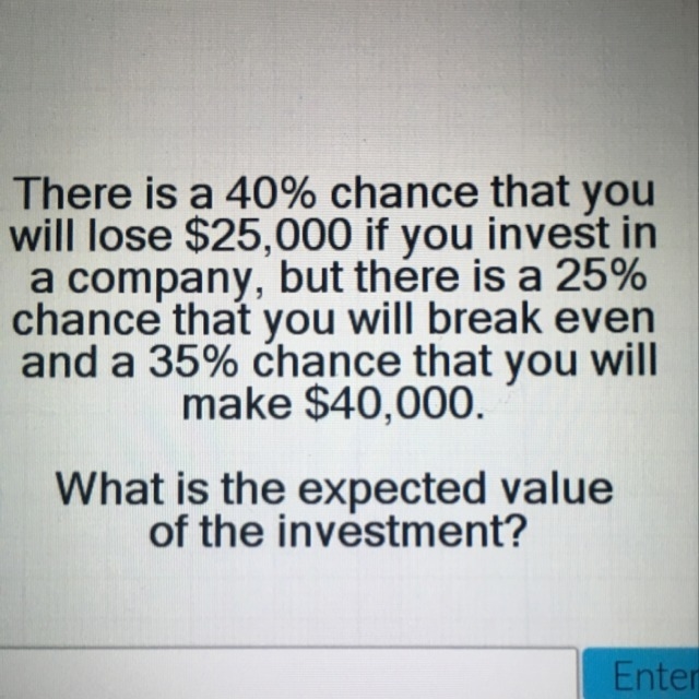 PLEASE HELP. There is a 40% chance that you will lose $25,000 if you invest...-example-1