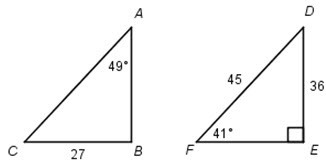 In the image below, ABC ~ DEF What is the length of EF and the measure of D A. 27; 41 B-example-1