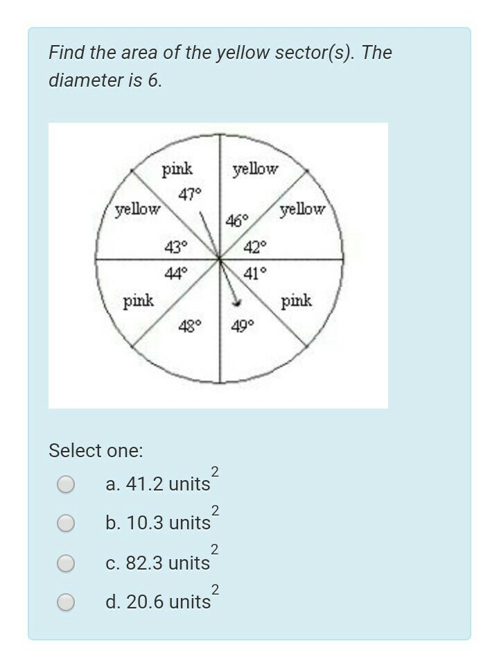 Find the area of the yellow sector(s). The diameter is 6.-example-1