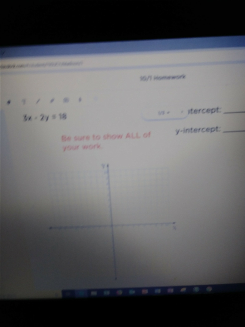 3x-2y=18 solve x and y intercepts-example-1