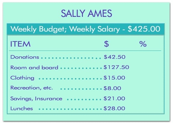 What percent of Sally's salary does she budget for donations? 1 3 10 33 HELP ME PLEASE-example-1