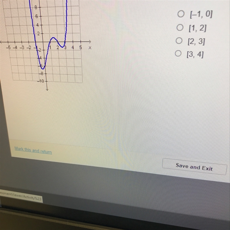 Which interval for the graphed function contains the local maximum?-example-1