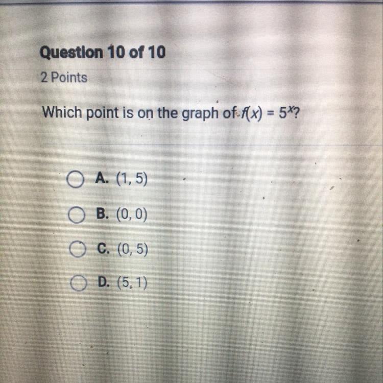 Which point is on the graph of f(x)=5^x?-example-1