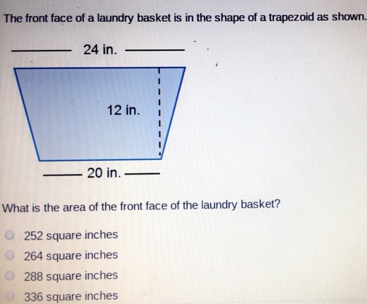 What is the area of the front face of the laundry basket? •252 square inches •264 square-example-1