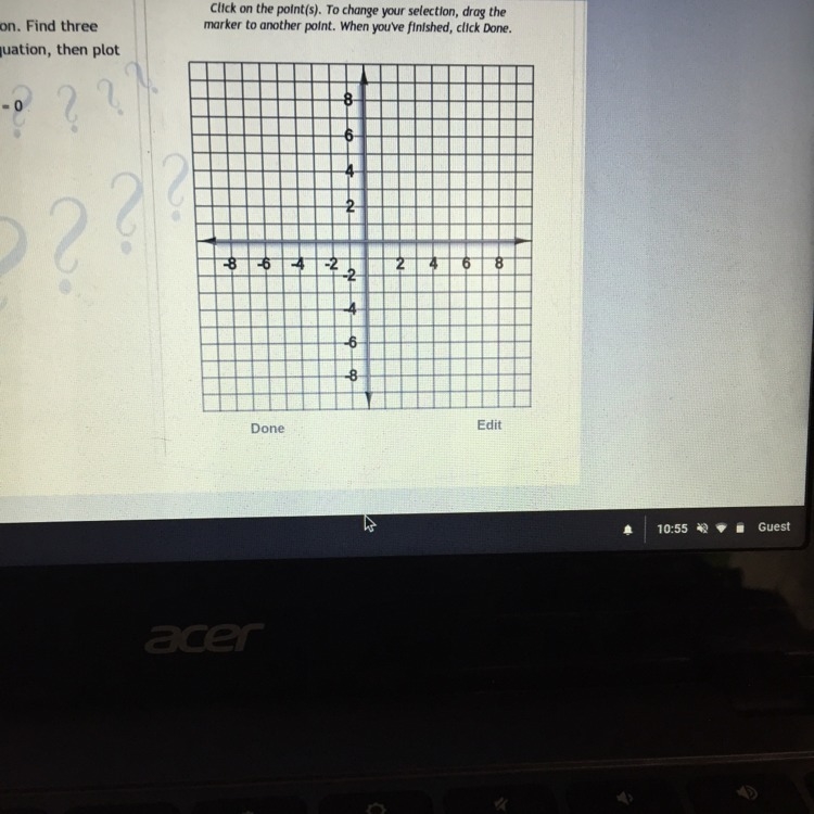 Graph the linear equation. Find three points to solve the equation, then plot on the-example-1