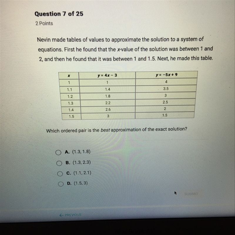 Nevin made tables of values to approximate the solution to a system of equations. First-example-1