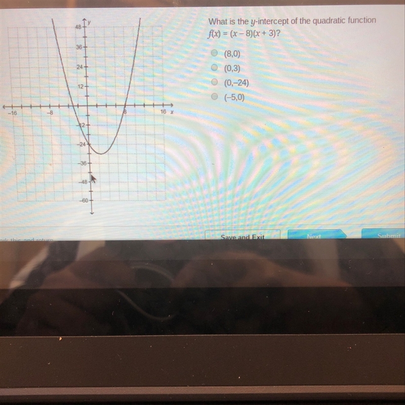 What is the y intercept of the quadratic equation f(x)=(x-8)(x+3)?-example-1