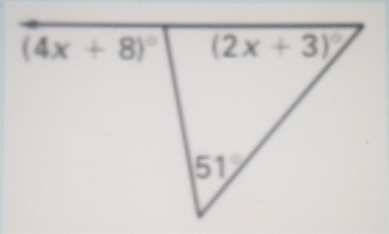 Find the measure of the exterior angle shown (4x+8), (2x+3), and 51-example-1