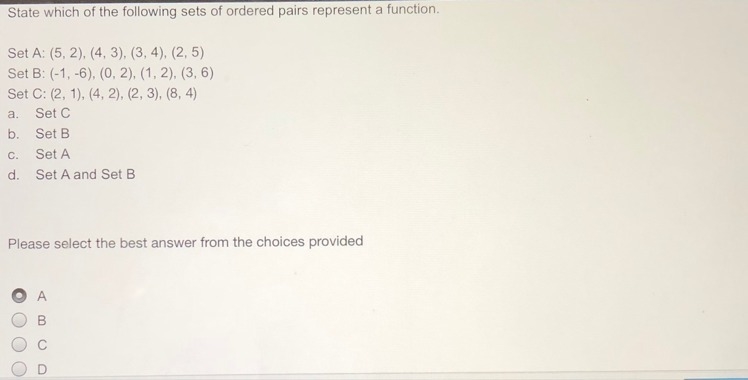 State which of the following sets of order pairs represent a function-example-1