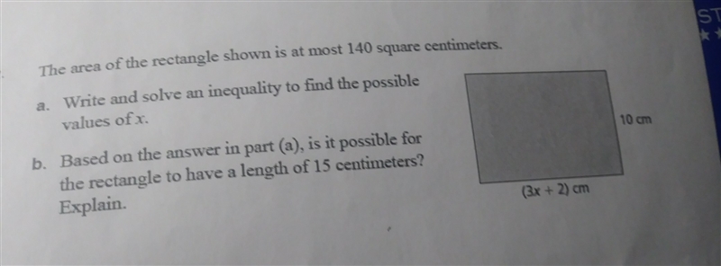 The area of the rectangle shown is at most of 140 square cm-example-1