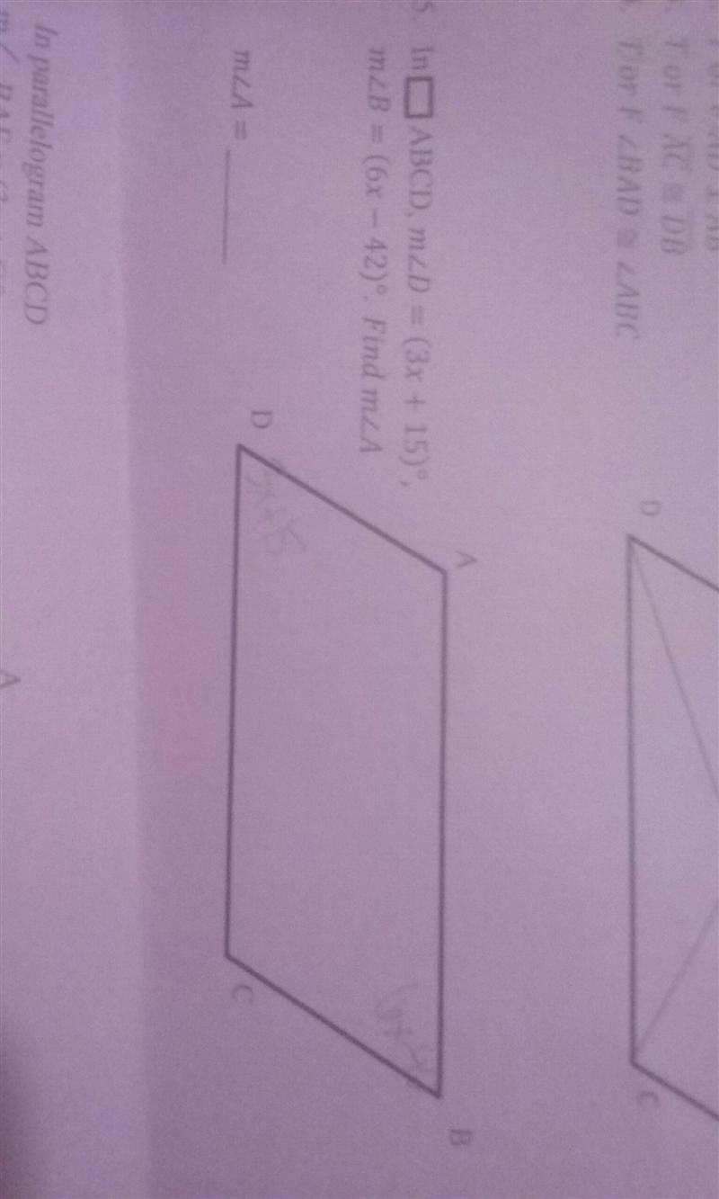 In rectangle abcd measure of angle d =(3x+15) measure b =(6x-42) find measure of angle-example-1