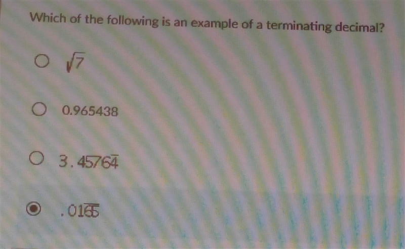 Which of the following is an example of a terminating decimal-example-1