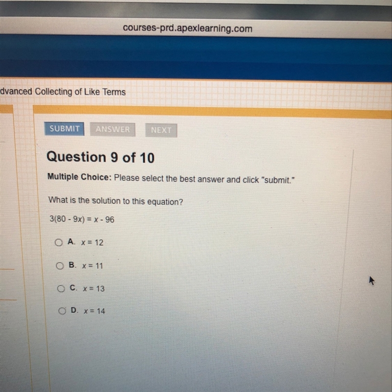 What is the solution to this equation 3(80 - 9x) = x - 96-example-1