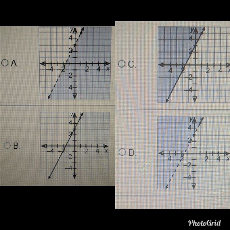 PLZZ HELp Which is the graph of the inequality y < 2x + 3 ?-example-1