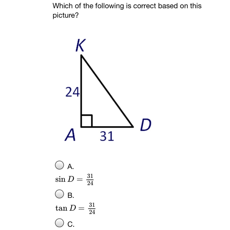 C. Tan k=31/24 D. Cos k= 31/24-example-1