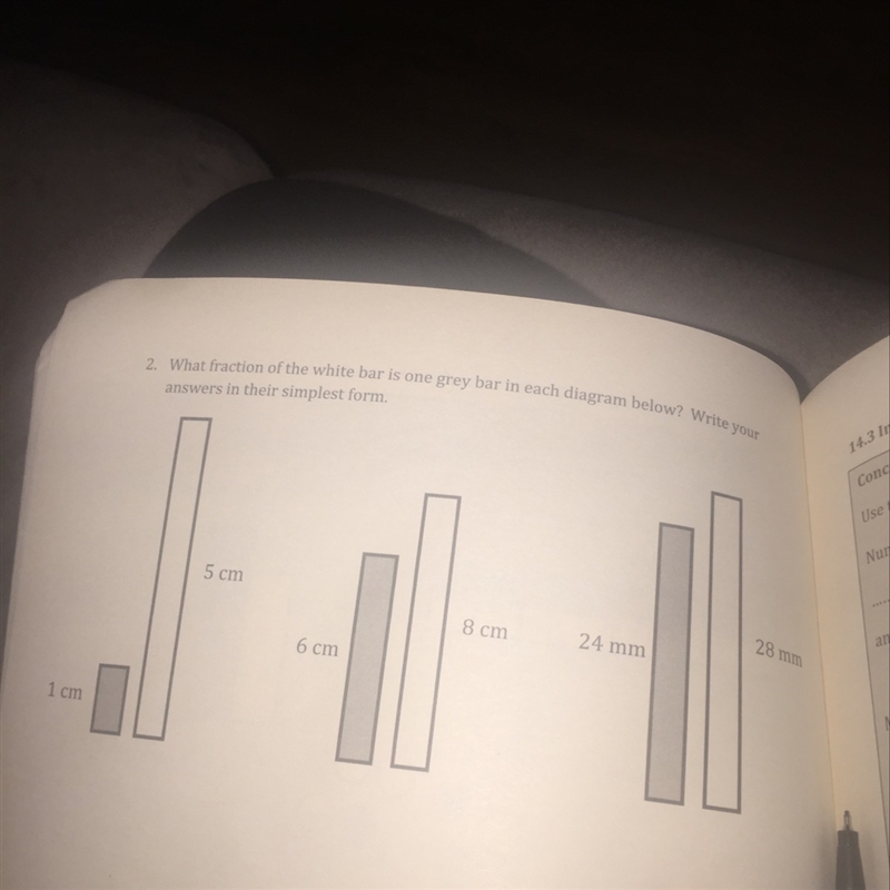 What fraction of the white bar is one grey bar in each diagram below? Write your answers-example-1