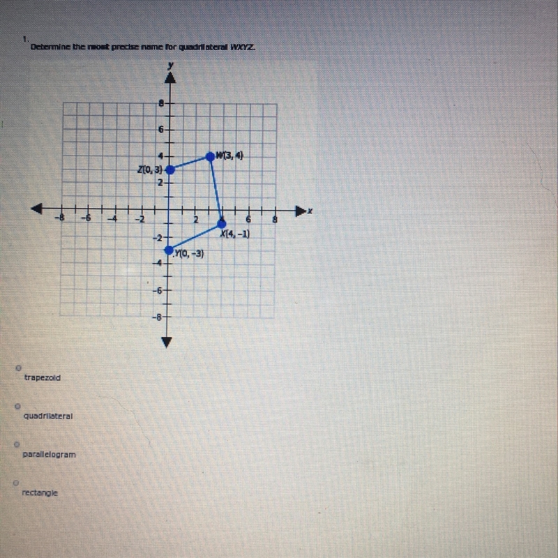 The question is determine the most precise name for quadrilateral WXYZ-example-1