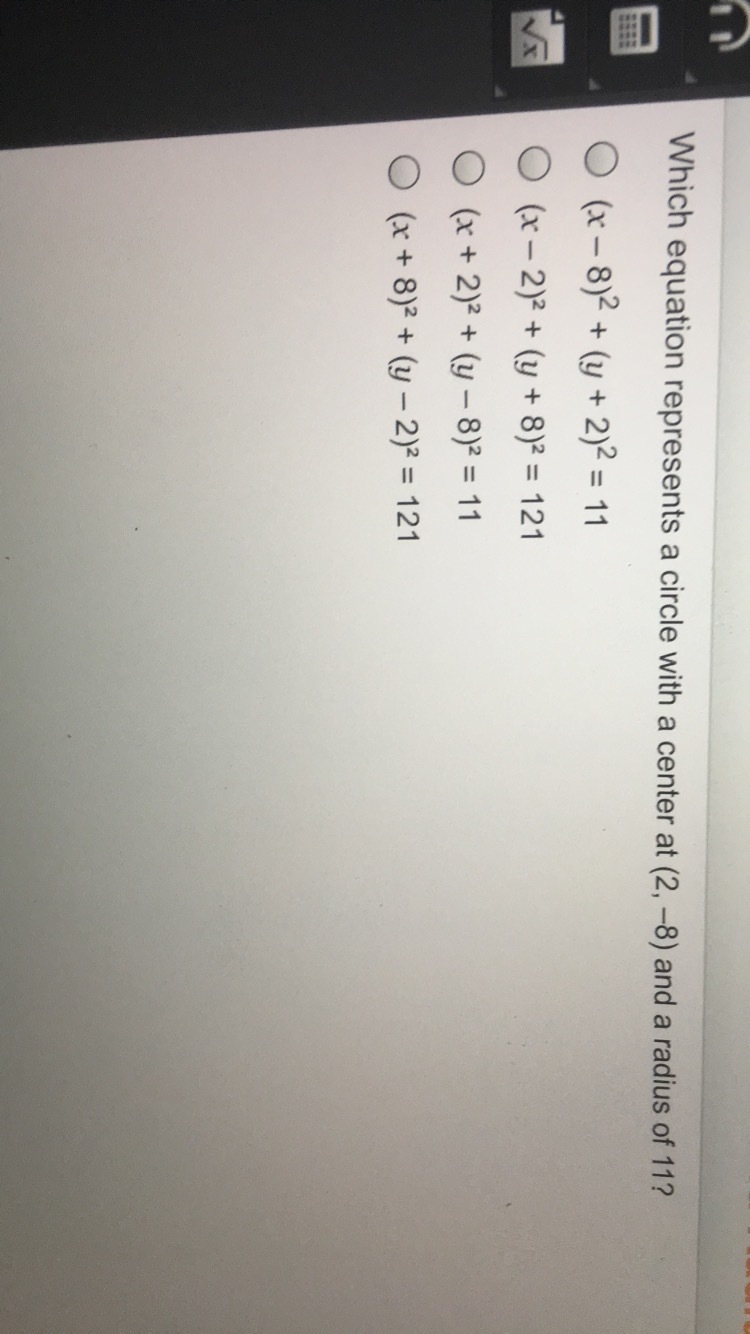 Which equation represents a circle with a center at (-2,-8) and a radius of 11?-example-1