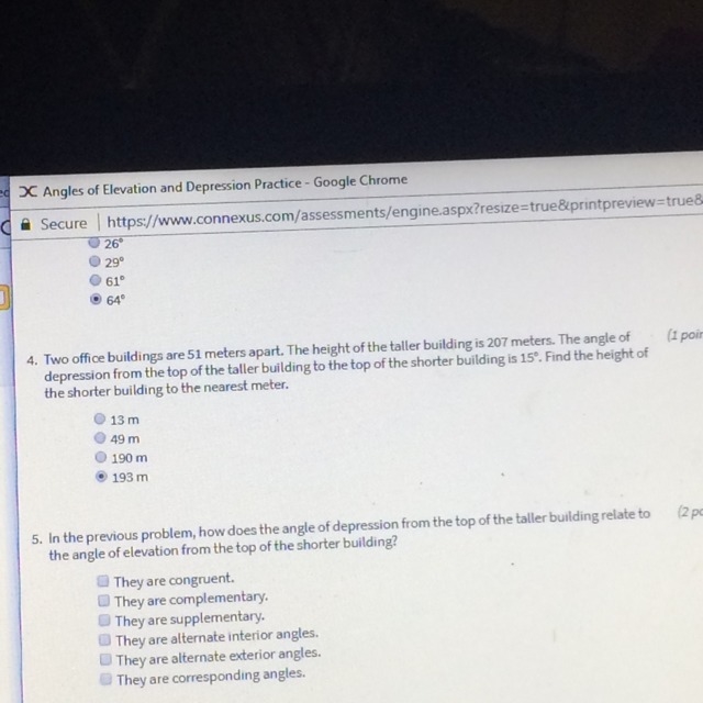 In the previous problem, how does the angle of depression from the top of the taller-example-1