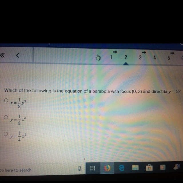 Which of the following is the equation of a parabola with focus (0,2) and directrix-example-1