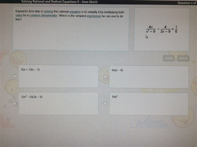 Kaynard's first step in solving this rational equation is to simplify it by multiplying-example-1