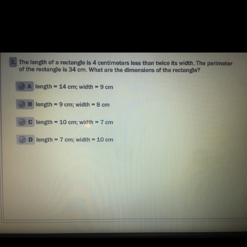 The length of a rectangle is 4 centimeters less than twice it’s width. The perimeter-example-1