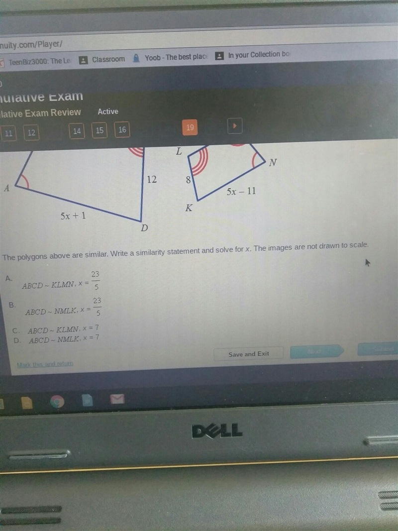 The polygons above are similar. Write a similarity statement and solve for x. The-example-1