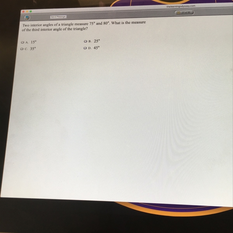 two interior angles of a triangle measure 75* and 80* what is the measure of the third-example-1