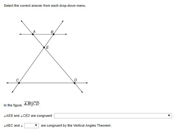 In the figure, AB| |CD. ∠AEB and ∠CED are congruent __1__ . ∠AEC and ∠ __2__ are congruent-example-1