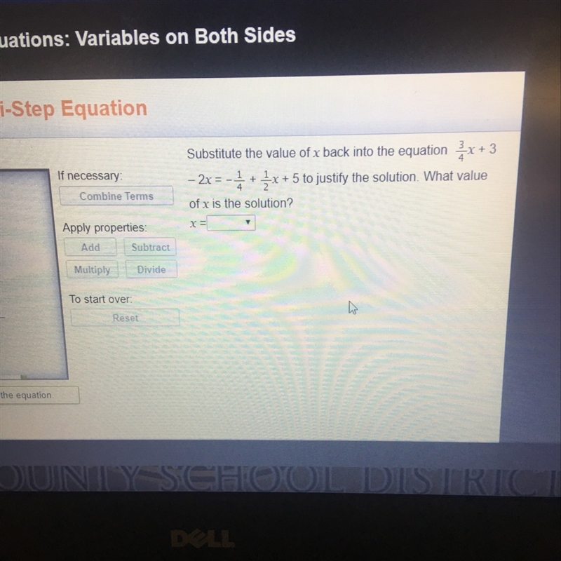 substitute the value of x back into the equation 3/4x+3-2x=-1/4+1/2x+5 to justify-example-1