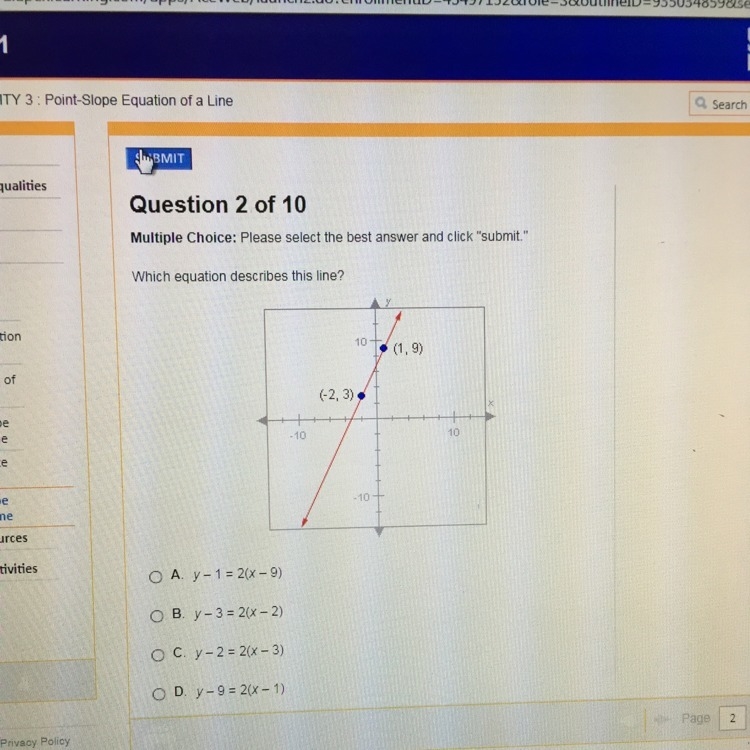 Which equation describes this line(1,9) (-2,3)-example-1