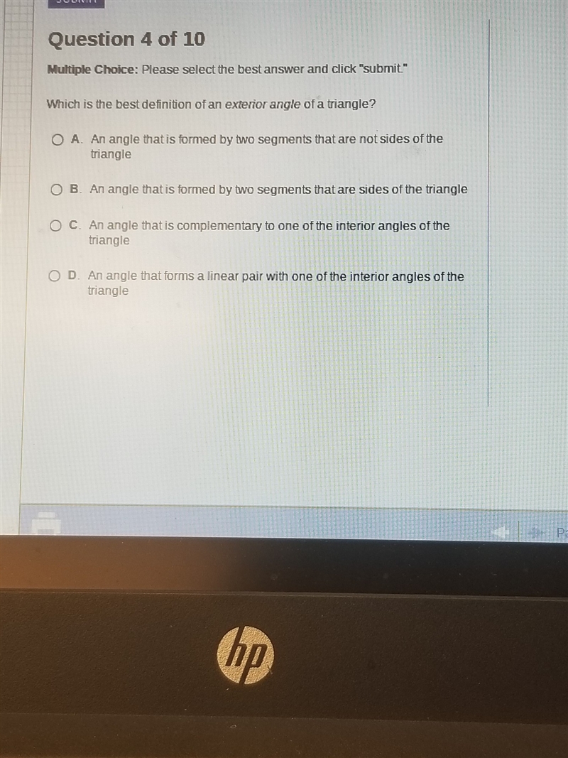 Which is the best definition of an exterior angle of a triangle-example-1